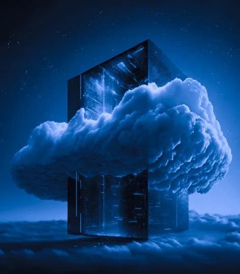 Stylized isometric render of a server rack fused with a cloud, representing hybrid infrastructure