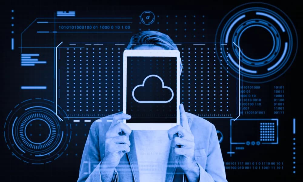 Blue holographic technology interface, representing hands-on cloud training
