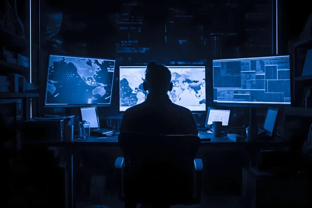 Silhouette of an analyst monitoring a wall of security operations center displays