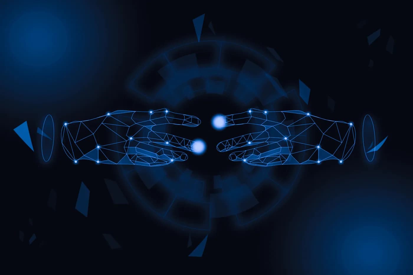 Abstract wireframe handshake graphic, representing a technology partnership engagement